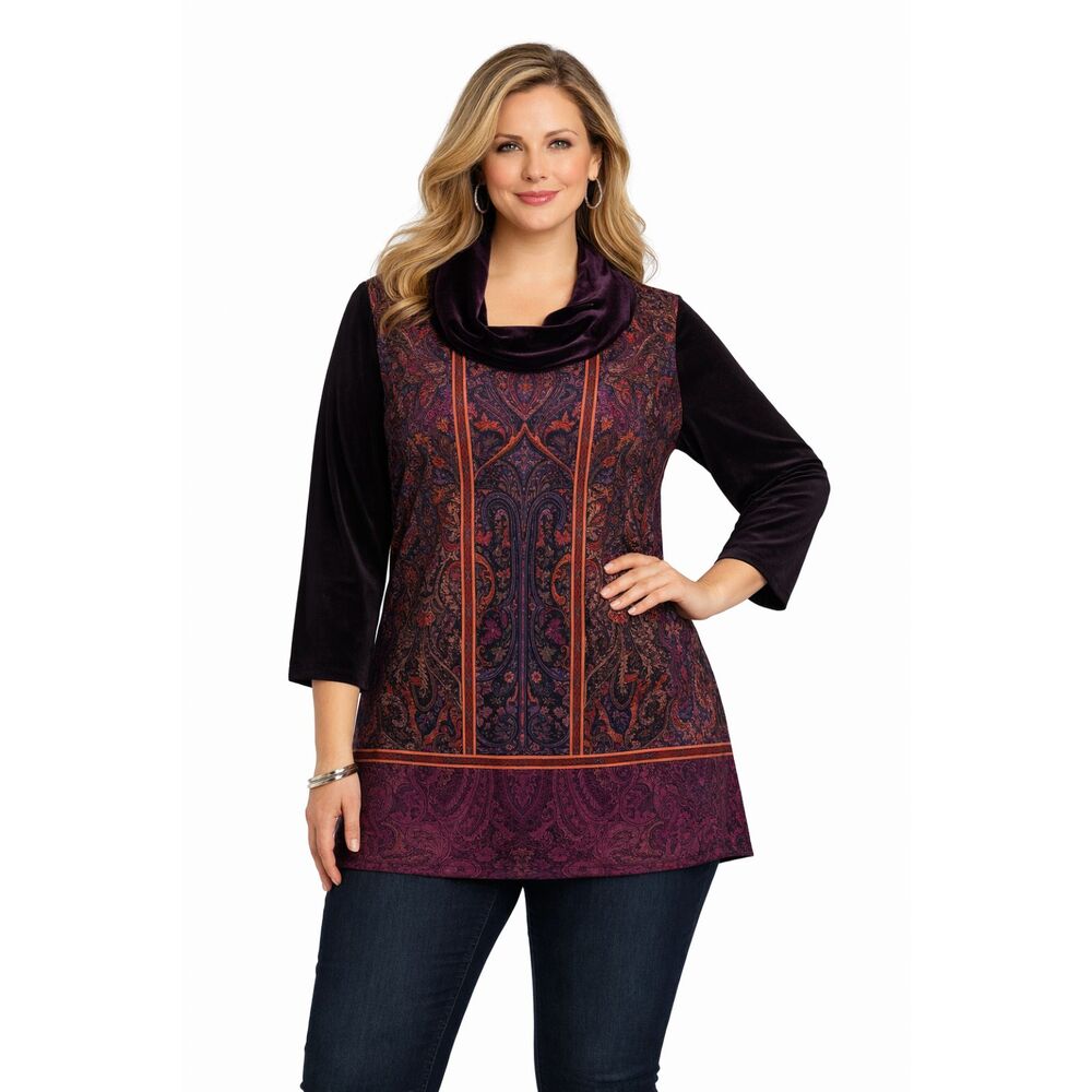 Susan Graver Tunic Top 2X Paisley Long Sleeve Cowl Neck *